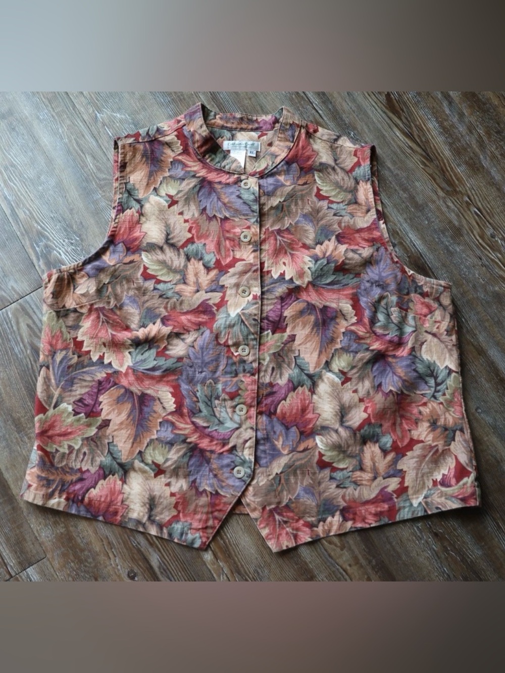 Vintage Fall Leaf Cotton Button Vest Grannycore Cottagecore Womens XL USA Made